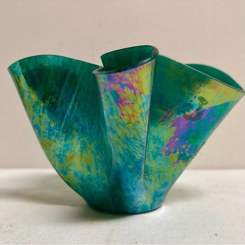 Modernist Iridescent Green and Blue Art Glass Handkerchief Decorative Vase-6”H